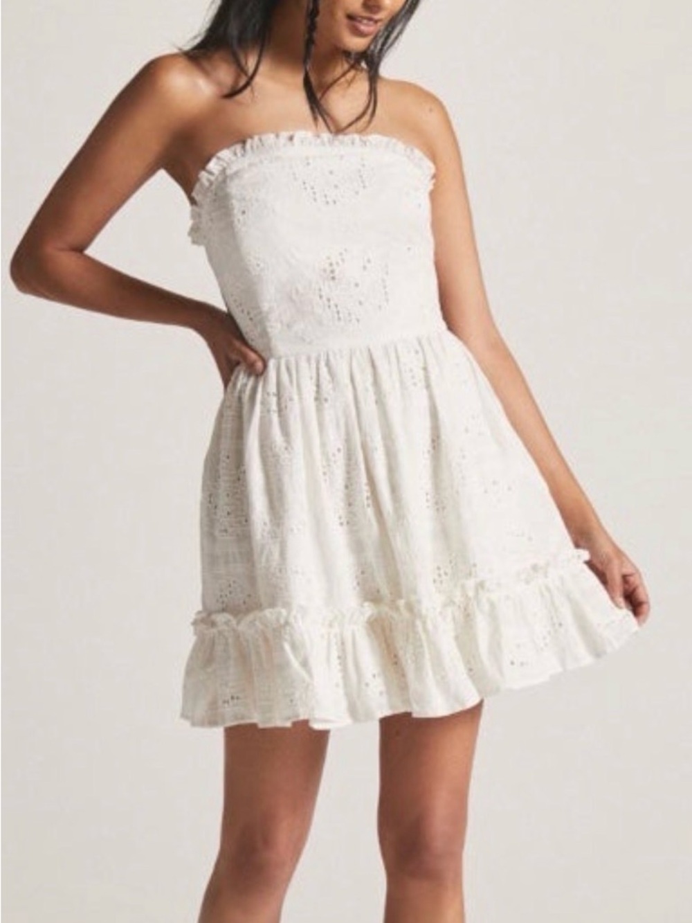 Anthropologie Strapless White Eyelet Ruffle Mini Dress